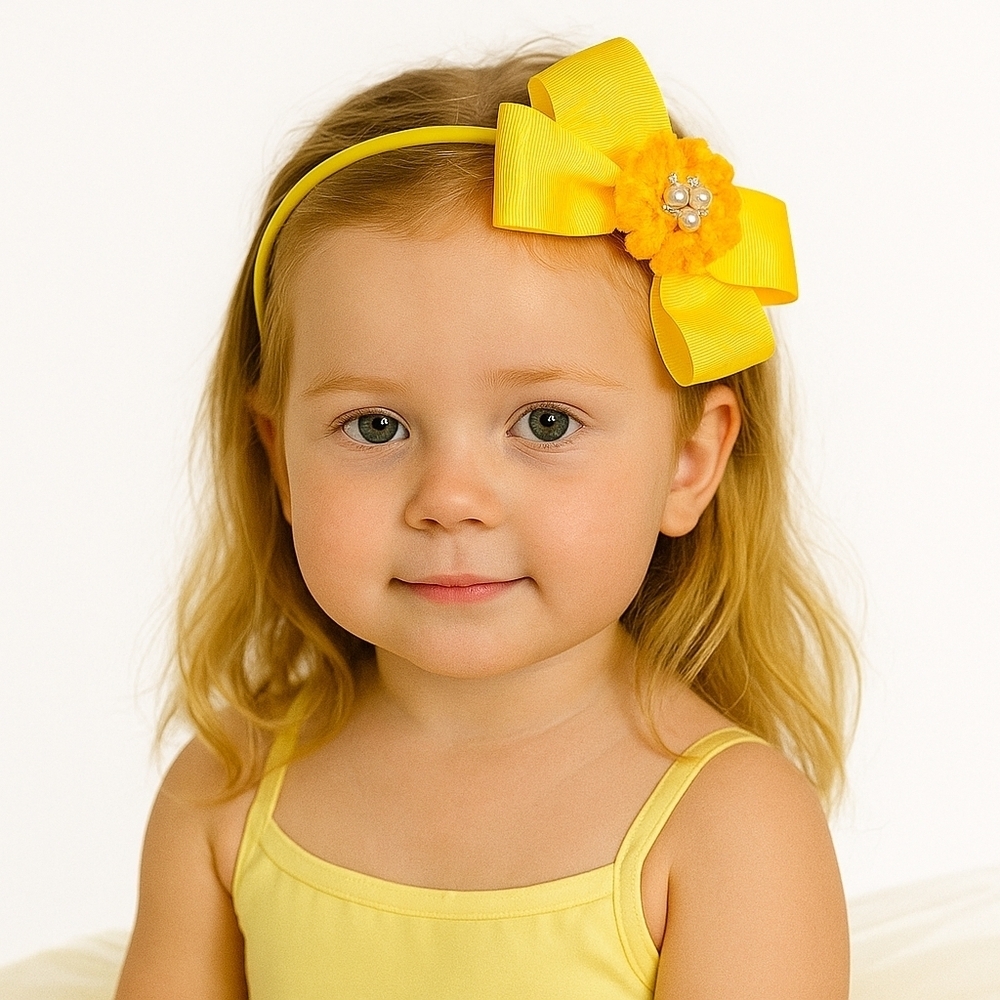 Hand Crafted yellow bow hairband hand crochet flower faux pearls beads floral